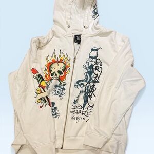 Ed Hardy White Zip Hoodie with Multicolor Skull & Flame Graphics